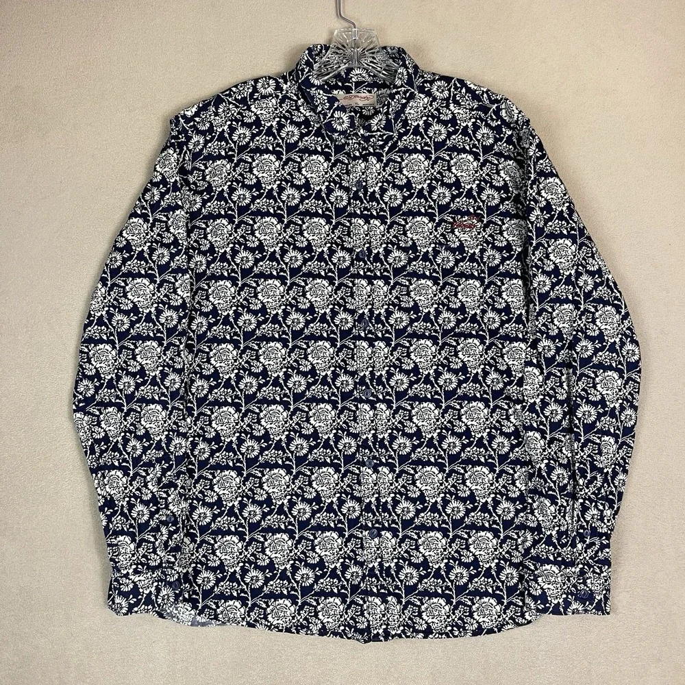 Ed Hardy Button Down Mens XL EHSH0608 Navy Blue Floral Long Sleeve EUC